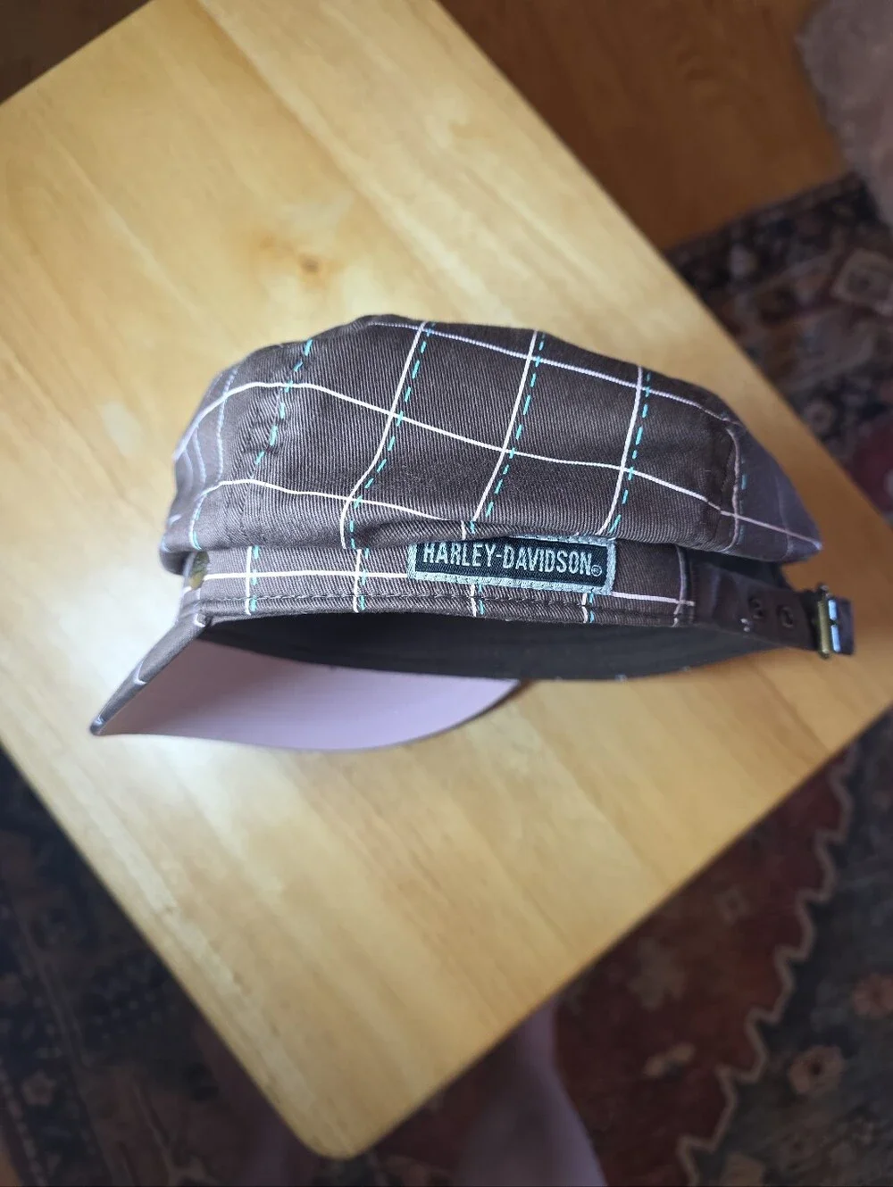 Vintage Harley-Davidson Brown Pink Plaid Cabbie Hat Newsboy Cap Women  EUC